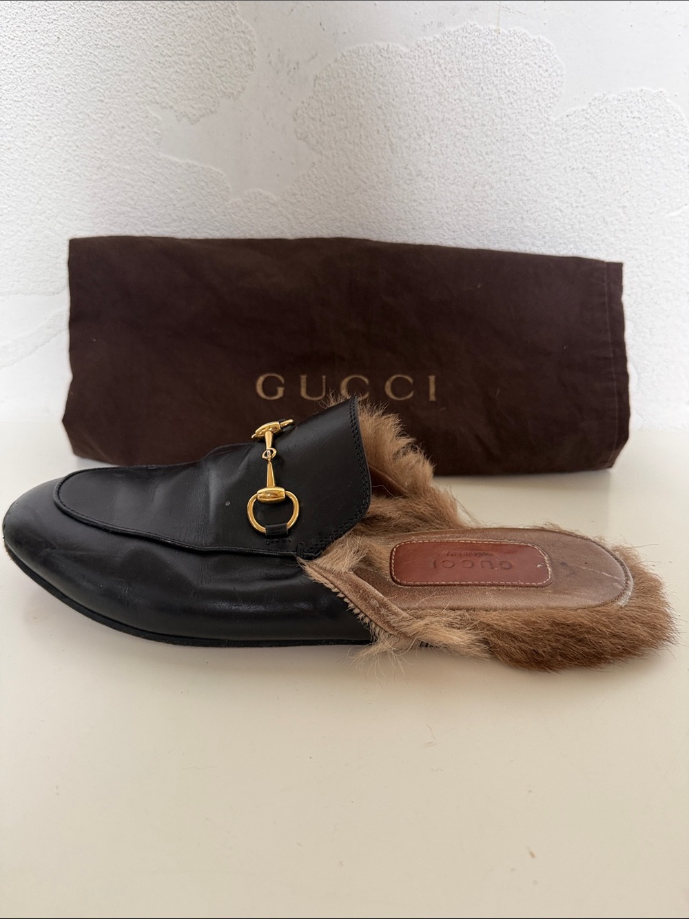 Gucci Black Leather Fur-Lined Horsebit Slipper Mules Size 6 - Picture 9 of 13